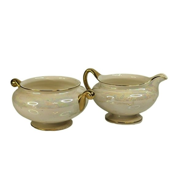 Homer Laughlin Nautilus Eggshell Creamer and Open Sugar Bowl 1940s Gold Trim - Picture 2 of 11